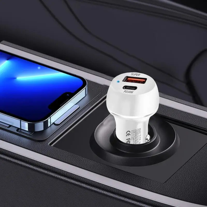 60W USB Type-C Car Charger Adapter Car Charger 2-Port Automobile Charger Adapter PD Fast Charging Car Charger for Mobile Phone