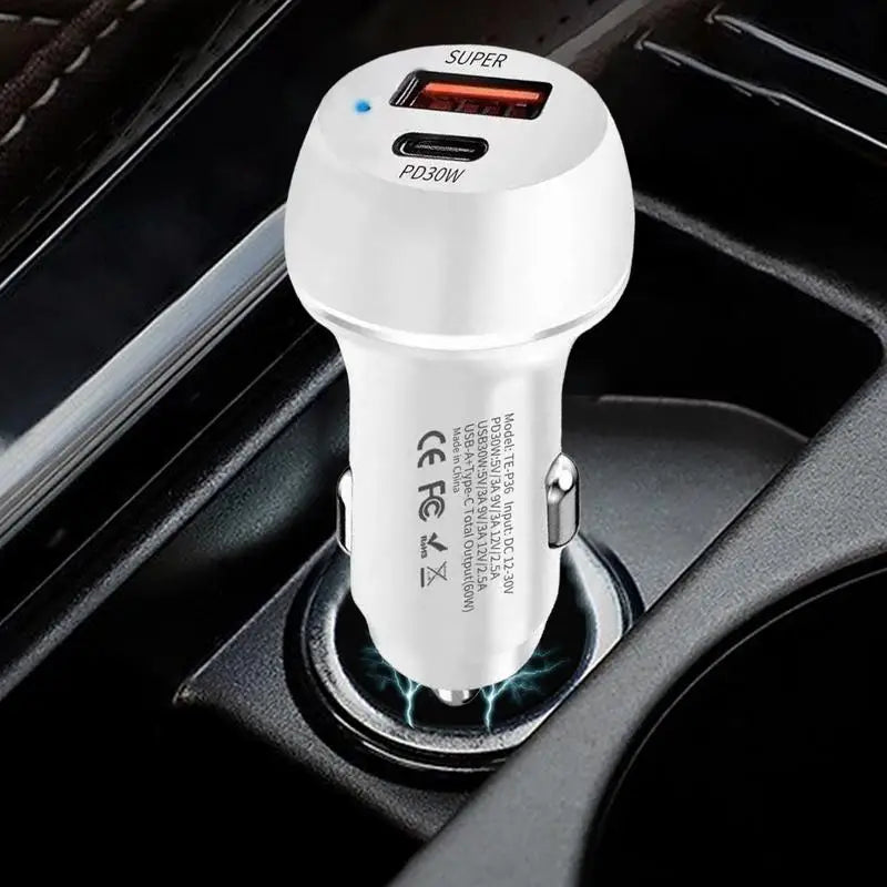 60W USB Type-C Car Charger Adapter Car Charger 2-Port Automobile Charger Adapter PD Fast Charging Car Charger for Mobile Phone