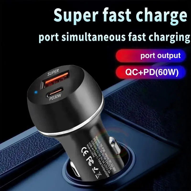 60W USB Type-C Car Charger Adapter Car Charger 2-Port Automobile Charger Adapter PD Fast Charging Car Charger for Mobile Phone