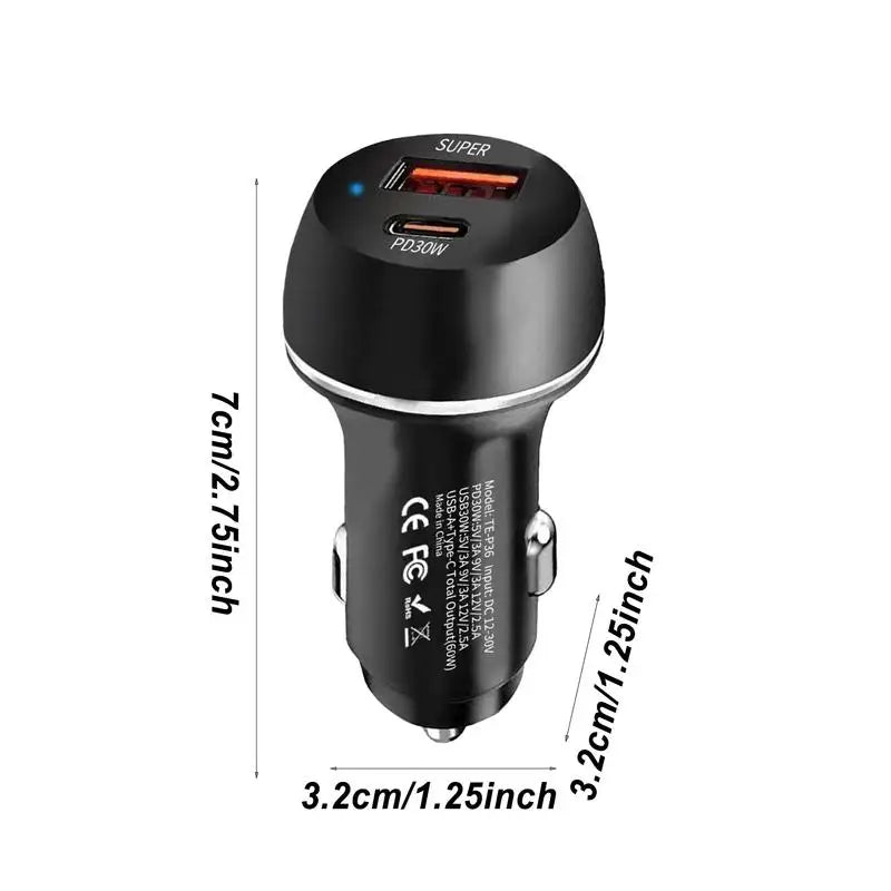 60W USB Type-C Car Charger Adapter Car Charger 2-Port Automobile Charger Adapter PD Fast Charging Car Charger for Mobile Phone