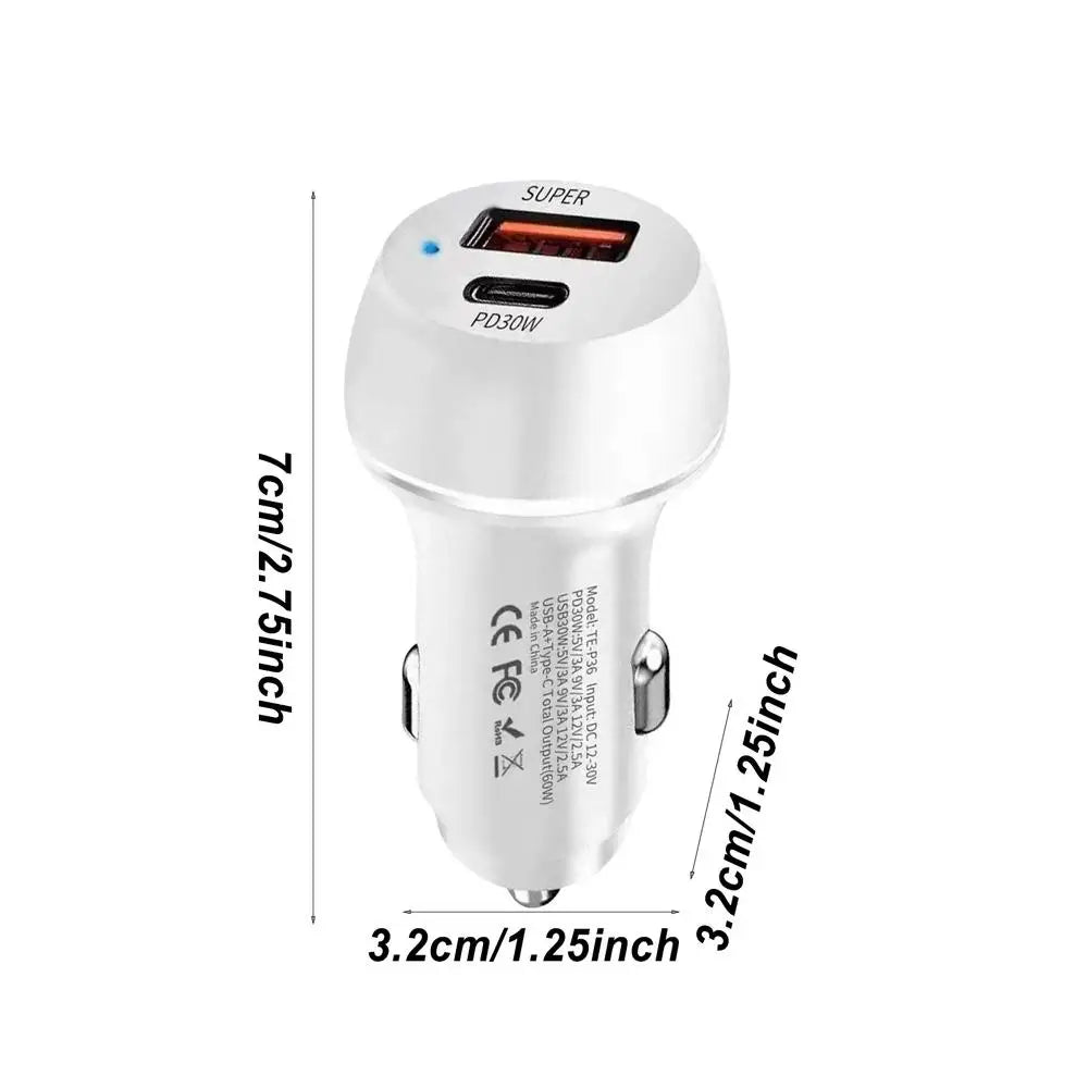 60W USB Type-C Car Charger Adapter Car Charger 2-Port Automobile Charger Adapter PD Fast Charging Car Charger for Mobile Phone