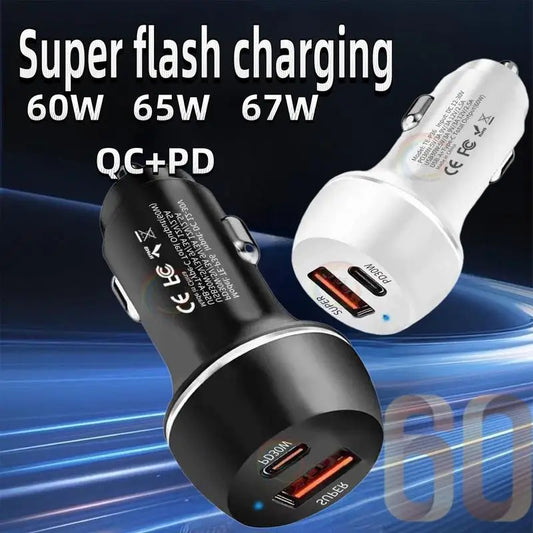 60W USB Type-C Car Charger Adapter Car Charger 2-Port Automobile Charger Adapter PD Fast Charging Car Charger for Mobile Phone